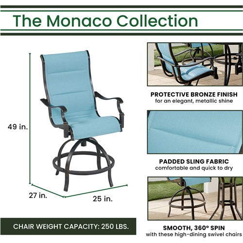 Hanover - Monaco 3pc: 2 Padded Swivel Center Height Chairs, 30" Tile Table, Umbrella, Base - Blue/Bronze-United Backyard