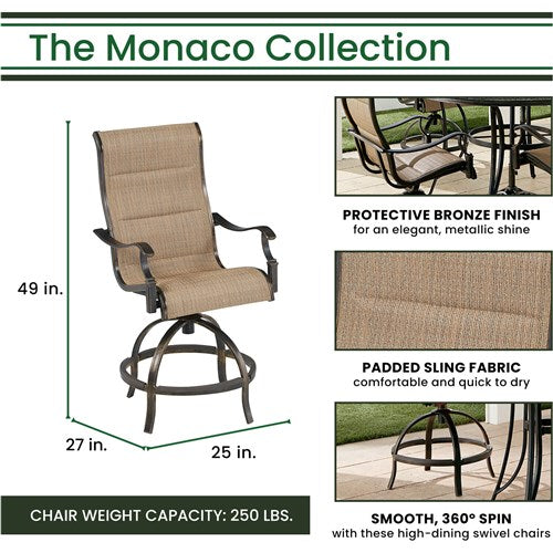 Hanover - Monaco 3pc: 2 Padded Swivel Counter Height Chairs, 30" Round Tile Table - Tan/Bronze-United Backyard