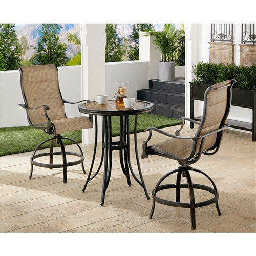 Hanover - Monaco 3pc: 2 Padded Swivel Counter Height Chairs, 30" Round Tile Table - Tan/Bronze-United Backyard