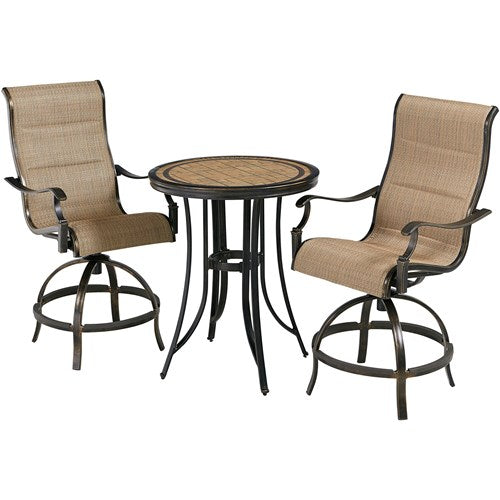 Hanover - Monaco 3pc: 2 Padded Swivel Counter Height Chairs, 30" Round Tile Table - Tan/Bronze-United Backyard