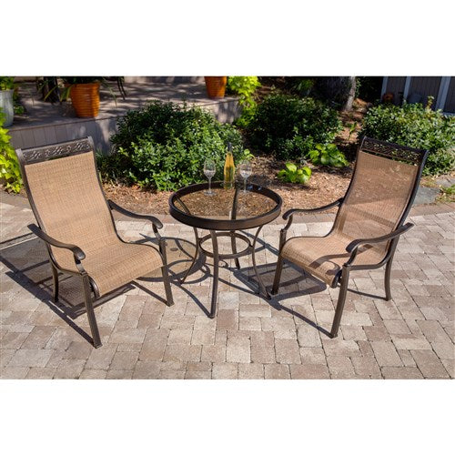 Hanover - Monaco 3pc: 2 Sling Dining Chairs, 30" Glass Top Table - Tan Sling/Glass-United Backyard