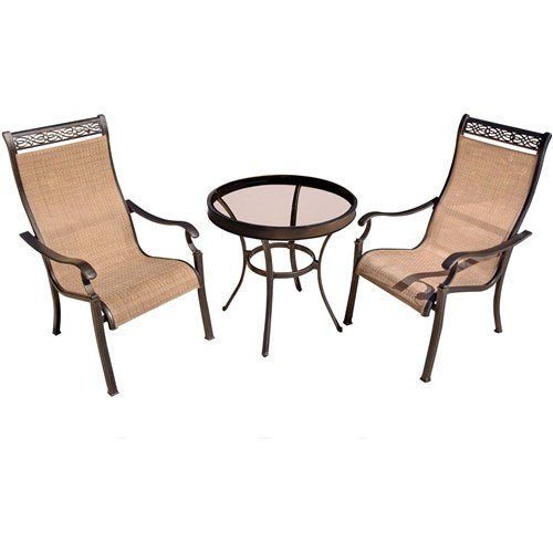 Hanover - Monaco 3pc: 2 Sling Dining Chairs, 30" Glass Top Table - Tan Sling/Glass-United Backyard