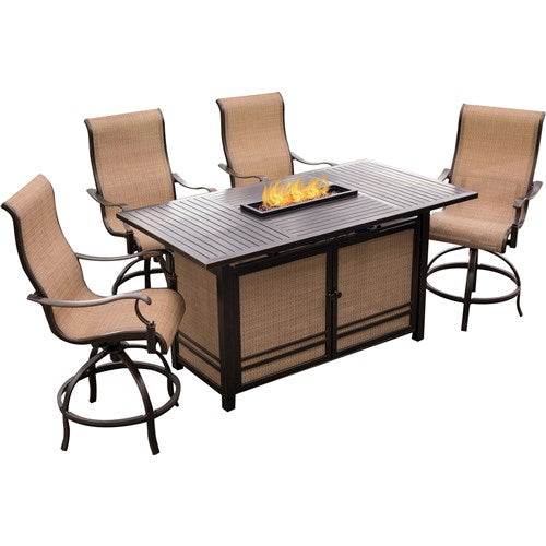 Hanover - Monaco 5PC High Dining Fire Pit: 4 Swivel Bar Chairs, 1 Fire Pit Bar Table - Tan/Bronze-United Backyard