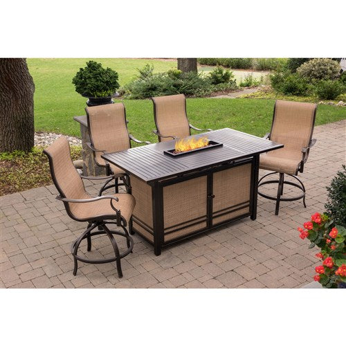 Hanover - Monaco 5PC High Dining Fire Pit: 4 Swivel Bar Chairs, 1 Fire Pit Bar Table - Tan/Bronze-United Backyard