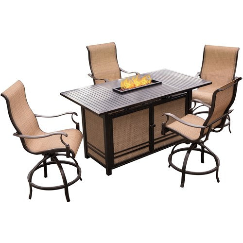 Hanover - Monaco 5PC High Dining Fire Pit: 4 Swivel Bar Chairs, 1 Fire Pit Bar Table - Tan/Bronze-United Backyard