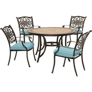 Hanover - Monaco 5pc: 4 Cush Dining Chairs, 51" Round Tile Top Table - Blue/Tile-United Backyard