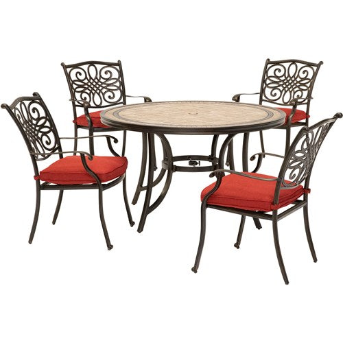 Hanover - Monaco 5pc: 4 Cush Dining Chairs, 51" Round Tile Top Table - Red/Tile-United Backyard