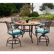 Hanover - Monaco 5pc: 4 Cush Sling Swivel Center Height Chairs, 56" Round Tile Table-United Backyard