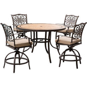 Hanover - Monaco 5pc: 4 Cush Sling Swivel Center Height Chairs, 56" Round Tile Table-United Backyard