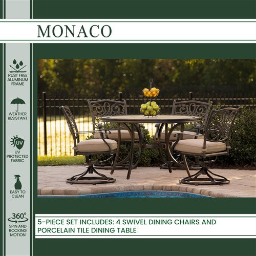 Hanover - Monaco 5pc: 4 Cush Sling Swivel Rockers, 51" Round Tile Top Table - Tan Sling/Tile-United Backyard