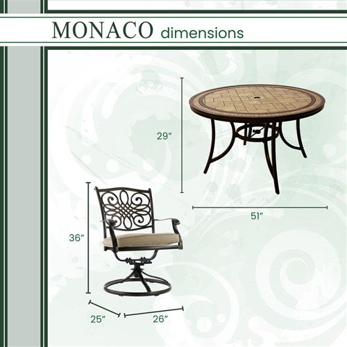 Hanover - Monaco 5pc: 4 Cush Sling Swivel Rockers, 51" Round Tile Top Table - Tan Sling/Tile-United Backyard