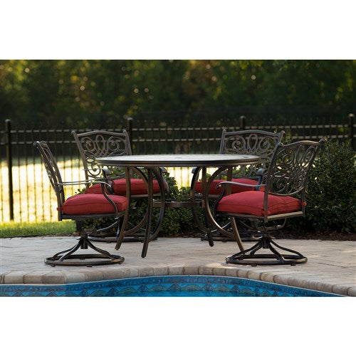 Hanover - Monaco 5pc: 4 Cush Sling Swivel Rockers, 51" Round Tile Top Table - Tan Sling/Tile-United Backyard