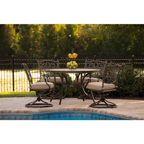 Hanover - Monaco 5pc: 4 Cush Sling Swivel Rockers, 51" Round Tile Top Table - Tan Sling/Tile-United Backyard