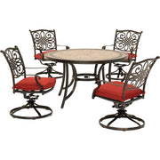 Hanover - Monaco 5pc: 4 Cush Sling Swivel Rockers, 51" Round Tile Top Table - Tan Sling/Tile-United Backyard