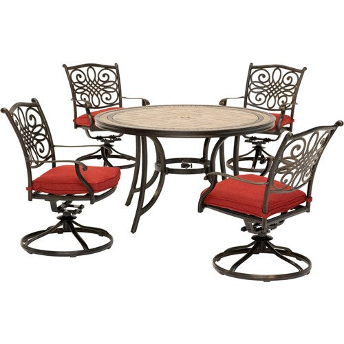 Hanover - Monaco 5pc: 4 Cush Sling Swivel Rockers, 51" Round Tile Top Table - Tan Sling/Tile-United Backyard