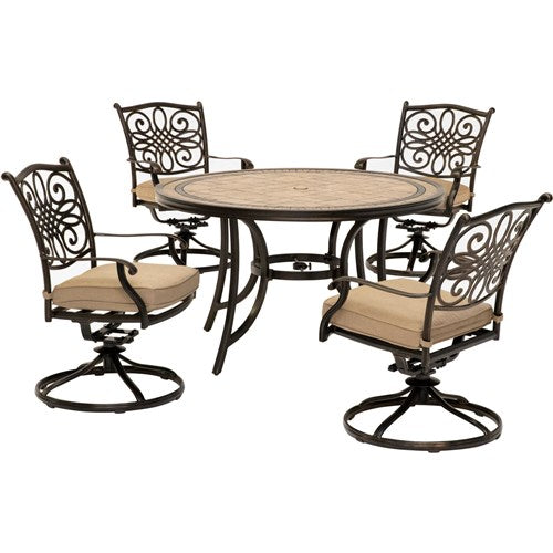 Hanover - Monaco 5pc: 4 Cush Sling Swivel Rockers, 51" Round Tile Top Table - Tan Sling/Tile-United Backyard