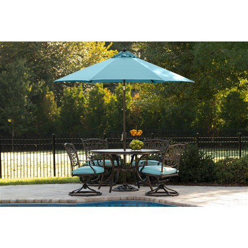 Hanover - Monaco 5pc: 4 Cush Swivel Rockers, 51" Round Tile Top Table, Umbrella - Blue/Tile-United Backyard
