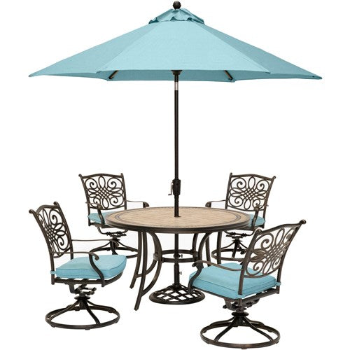 Hanover - Monaco 5pc: 4 Cush Swivel Rockers, 51" Round Tile Top Table, Umbrella - Blue/Tile-United Backyard