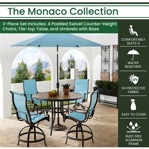 Hanover - Monaco 5pc: 4 Padded Swivel Center Height Chairs, 56" Tile Table, Umbrella, Base - Blue/Bronze-United Backyard