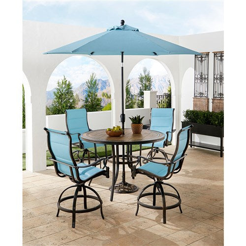 Hanover - Monaco 5pc: 4 Padded Swivel Center Height Chairs, 56" Tile Table, Umbrella, Base - Blue/Bronze-United Backyard