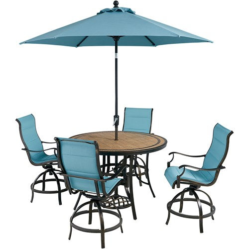 Hanover - Monaco 5pc: 4 Padded Swivel Center Height Chairs, 56" Tile Table, Umbrella, Base - Blue/Bronze-United Backyard