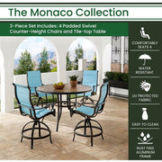 Hanover - Monaco 5pc: 4 Padded Swivel Counter Height Chairs, 56" Round Tile Table - Blue/Bronze-United Backyard