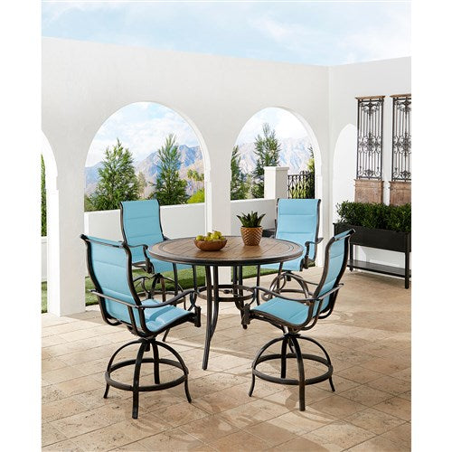 Hanover - Monaco 5pc: 4 Padded Swivel Counter Height Chairs, 56" Round Tile Table - Blue/Bronze-United Backyard