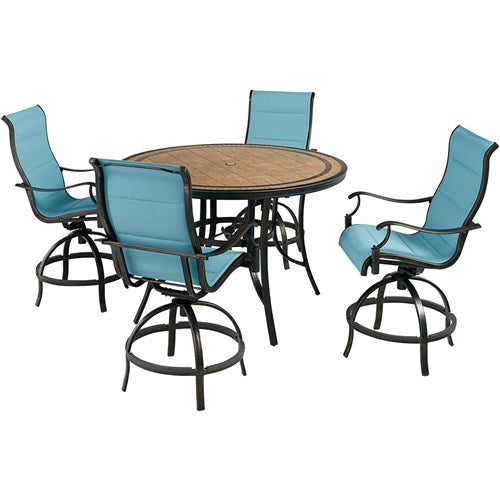 Hanover - Monaco 5pc: 4 Padded Swivel Counter Height Chairs, 56" Round Tile Table - Blue/Bronze-United Backyard