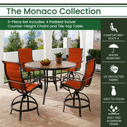 Hanover - Monaco 5pc: 4 Padded Swivel Counter Height Chairs, 56" Round Tile Table - Red/Bronze-United Backyard