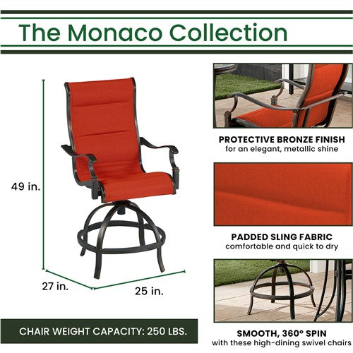 Hanover - Monaco 5pc: 4 Padded Swivel Counter Height Chairs, 56" Round Tile Table - Red/Bronze-United Backyard