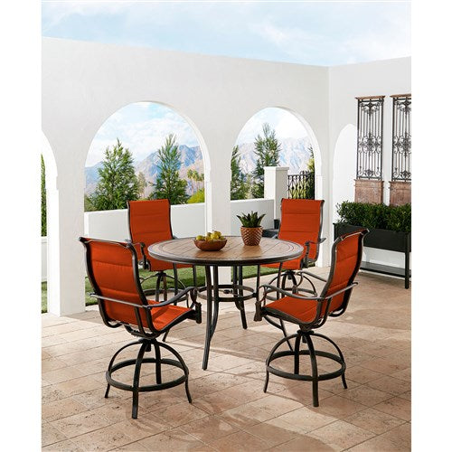 Hanover - Monaco 5pc: 4 Padded Swivel Counter Height Chairs, 56" Round Tile Table - Red/Bronze-United Backyard