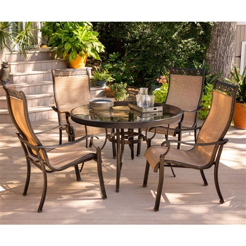 Hanover - Monaco 5pc: 4 Sling Dining Chairs, 48" Round Glass Top Table - Tan Sling/Glass-United Backyard