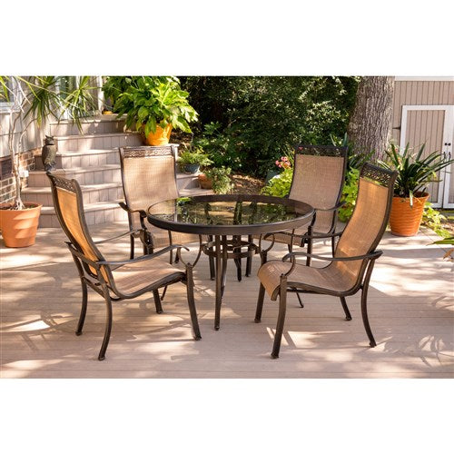 Hanover - Monaco 5pc: 4 Sling Dining Chairs, 48" Round Glass Top Table - Tan Sling/Glass-United Backyard