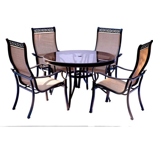 Hanover - Monaco 5pc: 4 Sling Dining Chairs, 48" Round Glass Top Table - Tan Sling/Glass-United Backyard