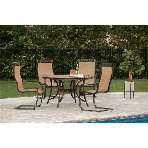 Hanover - Monaco 5pc: 4 Sling Spring Chairs, 51" Round Tile Top Table - Tan Sling/Tile-United Backyard