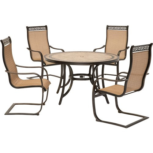 Hanover - Monaco 5pc: 4 Sling Spring Chairs, 51" Round Tile Top Table - Tan Sling/Tile-United Backyard