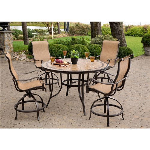 Hanover - Monaco 5pc: 4 Sling Swivel Center Height Chairs, 56" Round Tile Table-United Backyard