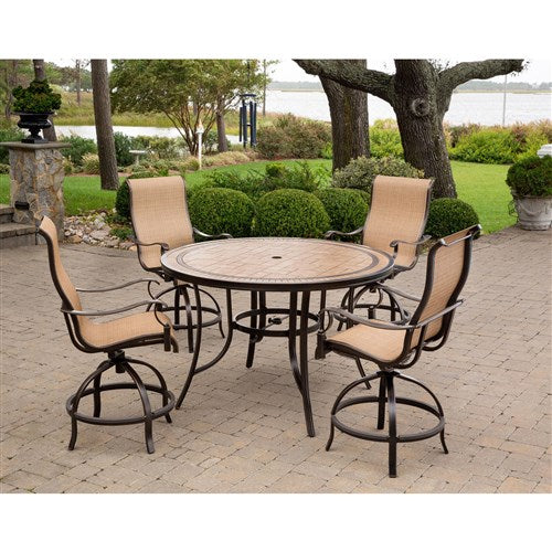 Hanover - Monaco 5pc: 4 Sling Swivel Center Height Chairs, 56" Round Tile Table-United Backyard