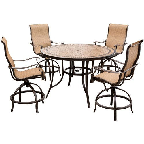 Hanover - Monaco 5pc: 4 Sling Swivel Center Height Chairs, 56" Round Tile Table-United Backyard