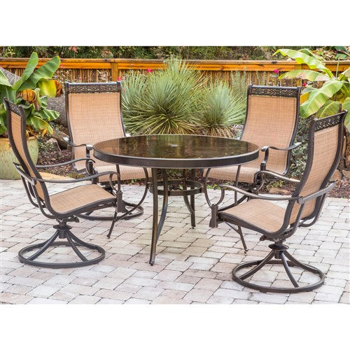 Hanover - Monaco 5pc: 4 Sling Swivel Rockers, 48" Round Glass Top Table - Tan Sling/Glass-United Backyard