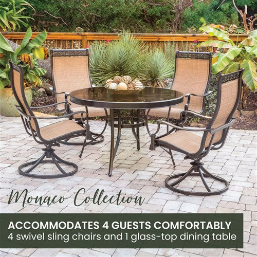 Hanover - Monaco 5pc: 4 Sling Swivel Rockers, 48" Round Glass Top Table - Tan Sling/Glass-United Backyard