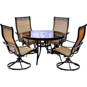 Hanover - Monaco 5pc: 4 Sling Swivel Rockers, 48" Round Glass Top Table - Tan Sling/Glass-United Backyard