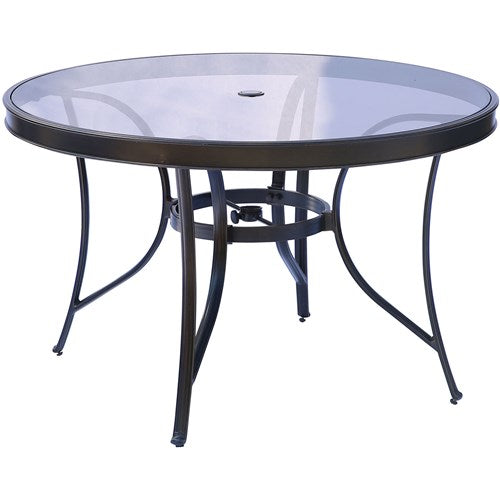 Hanover - Monaco 5pc: 4 Sling Swivel Rockers, 48" Round Glass Top Table, Umbrella, Base - Tan Sling/Glass-United Backyard