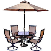 Hanover - Monaco 5pc: 4 Sling Swivel Rockers, 48" Round Glass Top Table, Umbrella, Base - Tan Sling/Glass-United Backyard