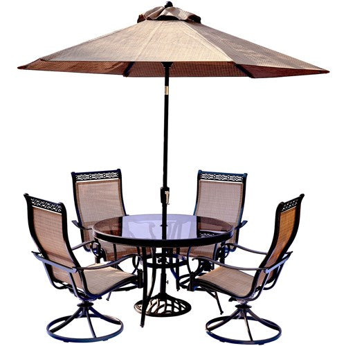 Hanover - Monaco 5pc: 4 Sling Swivel Rockers, 48" Round Glass Top Table, Umbrella, Base - Tan Sling/Glass-United Backyard