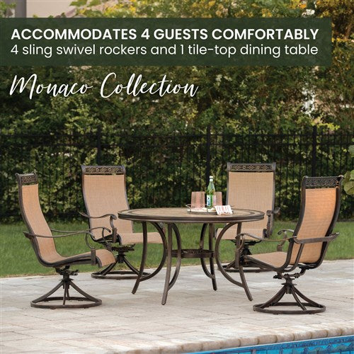 Hanover - Monaco 5pc: 4 Sling Swivel Rockers, 51" Round Tile Top Table - Tan Sling/Tile-United Backyard