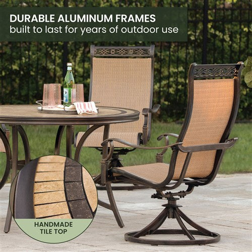 Hanover - Monaco 5pc: 4 Sling Swivel Rockers, 51" Round Tile Top Table - Tan Sling/Tile-United Backyard