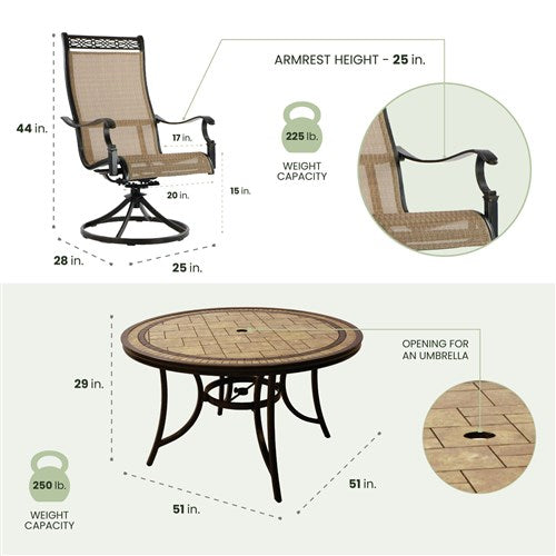 Hanover - Monaco 5pc: 4 Sling Swivel Rockers, 51" Round Tile Top Table - Tan Sling/Tile-United Backyard