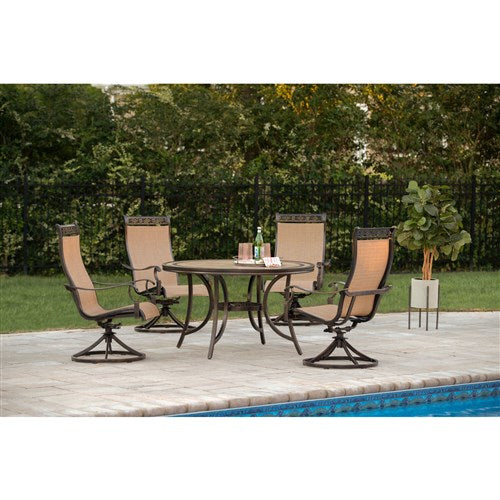 Hanover - Monaco 5pc: 4 Sling Swivel Rockers, 51" Round Tile Top Table - Tan Sling/Tile-United Backyard