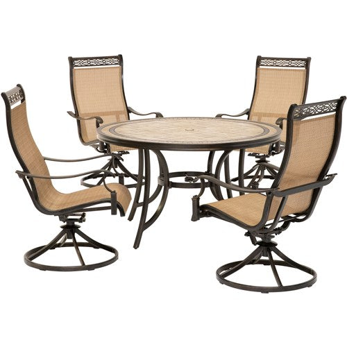 Hanover - Monaco 5pc: 4 Sling Swivel Rockers, 51" Round Tile Top Table - Tan Sling/Tile-United Backyard